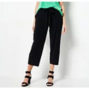 Susan Graver Liquid Knit Crop Pants Black Size L Pull On Belted